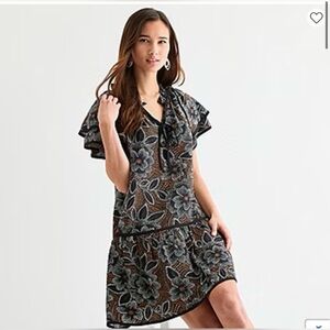 52seven Black and Brown Floral Tie-Neck Short-Sleeve Tunic Dress PS new with tag